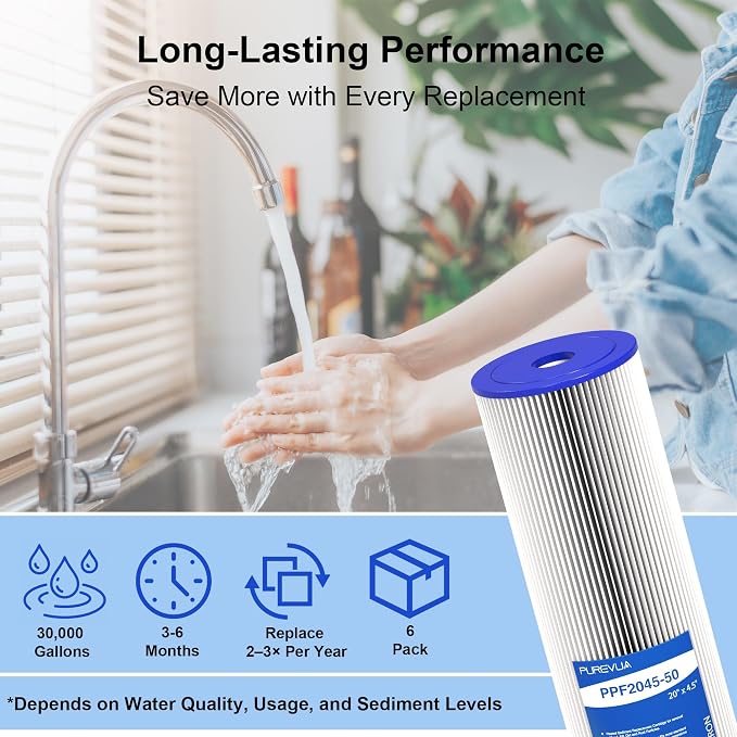 6-Pack 20" x 4.5" Pleated Sediment Water Filter Cartridge, 50 Micron High Flow Whole House Water Filter Replacement for Well Water, Compatible with ECP20-20BB, SPC-45-2020