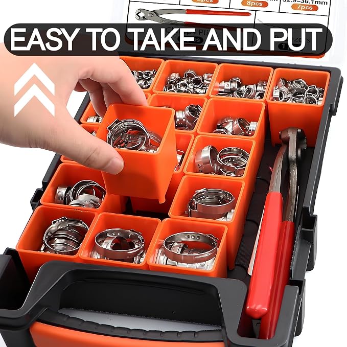 360PCS 16 Sizes Single Ear Hose Clamp Assortment Kit, 5.3 to 36.1mm 304 Stainless Steel Stepless with Clamp Crimp Plier & Tweezers For Fuel Line,Pipe, Automotive and Home Appliances