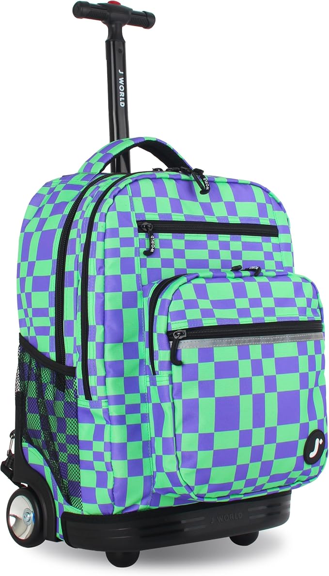 J World Sundance Laptop Rolling Backpack for Girls Boys. Roller Bookbag with Wheels, 20 Inch, Pixel Checkers