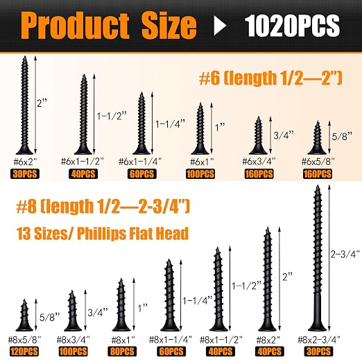 Dianrui 1020 PCS High Hardness Wood Screws Assortment Kit, #6#8 Drywall Screws, Assorted Black Wood Screws, Phillips Flat Head Screw Set-13 Sizes (5/8",3/4",1",1-1/4",1-1/2",2",2-3/4")