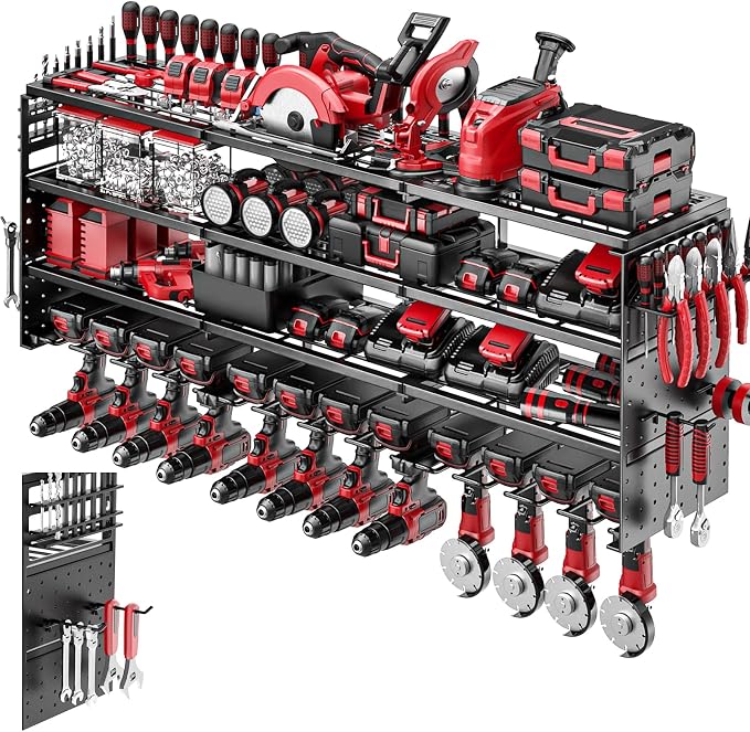 52" W Large Power Tool Organizer Wall Mount -4 Layer Heavy Duty Power Tool Rack,Tool Organizer Storage for Workshop Garage Basement,12 Cordless Tool Organizer