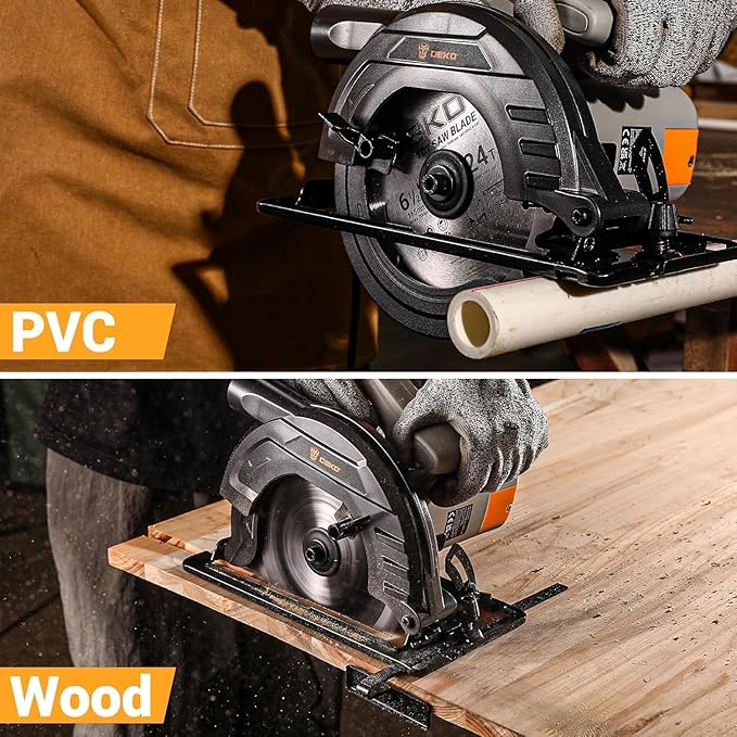 Circular Saw 1200W: DEKOPRO High-Power Saw with 165mm 24T Blade, 4800 RPM, Max Cut Depth 55mm (90°), 33mm (45°), Heavy-Duty Steel Base, Includes Guide Rai, Power Saw for Wood, PVC