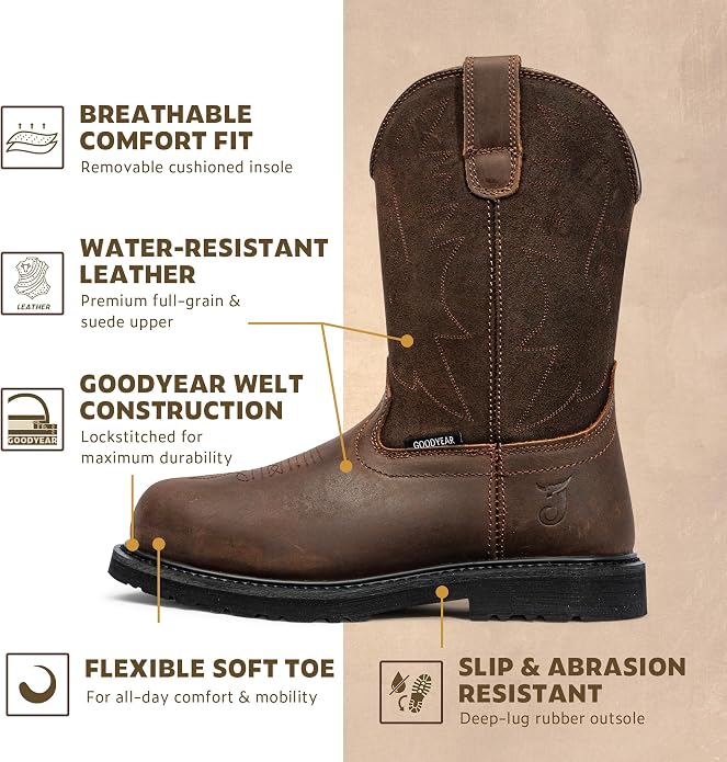 J‘s.o.l.e Men's Cowboy Work Boots Leather Goodyear Welt Non-Slip Rubber Outsole Round Toe Pull-On Brown – Steel Toe & Soft Toe Options