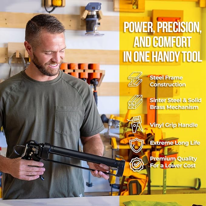 AWF PRO Heavy Duty Caulk Gun, 18:1 Thrust Ratio, Steel Frame Construction, Rotating Barrel, Ladder Hook, Puncture Tool & No Drip Pressure Release Tab, 29 oz Caulking Gun, Pack of 6