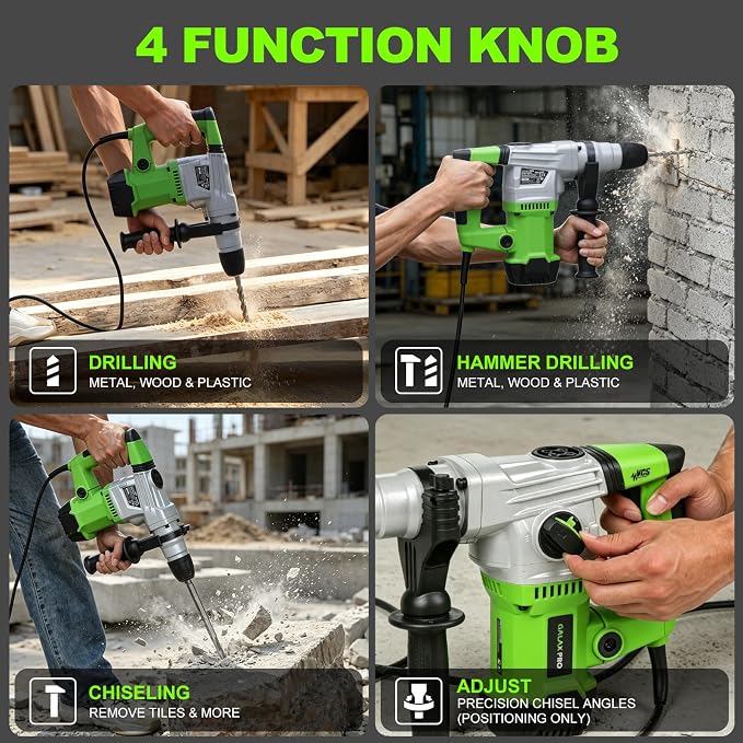 GALAX PRO SDS-Plus Rotary Hammer Drill 1500W 0-4000RPM, 4 in 1 Functions | 360° Anti Vibration Auxiliary Handle, Heavy Duty Electric Rotary Hammer Drill with Case,for Metal, Wood, Brick, Plastic