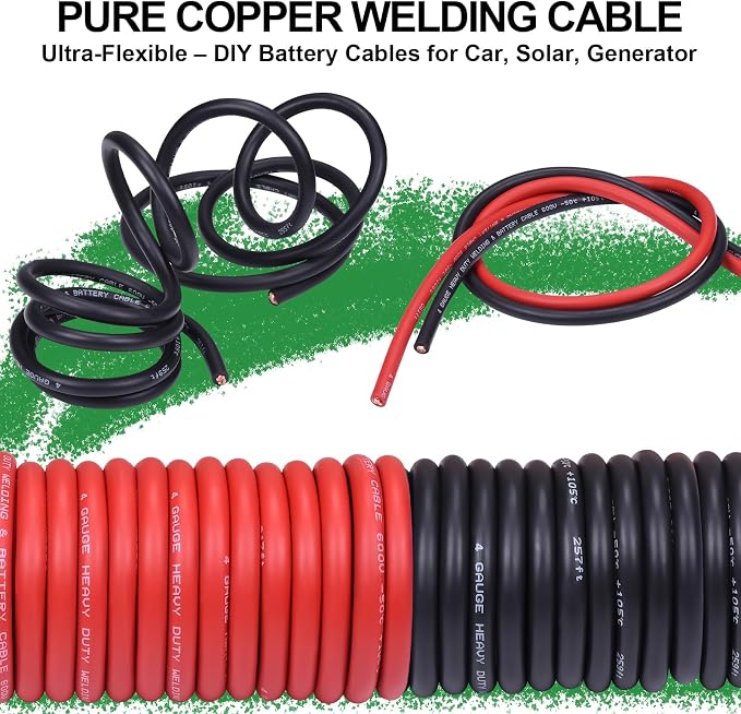 4 Gauge Battery Cable, 10FT Red + 10FT Black 4 AWG Pure Copper Wire Welding Cable, for Automotive, Battery, Solar and Generator, Standard USA OFC Wire