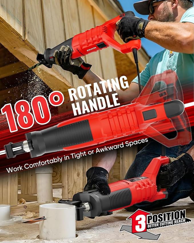 7 Amp Corded Reciprocating Saw for Wood, Metal, PVC & Tree Pruning, 1-1/8" Stroke Length & 2800 SPM, 6-Speed Dial, 180° Rotating Handle, Adjustable Pivoting Front Shoe, 6 Blades & Bag Included