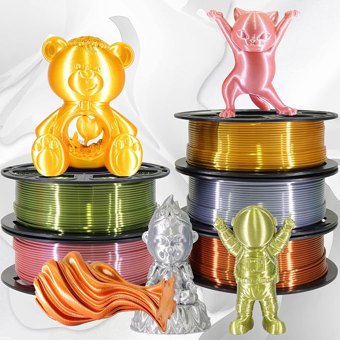 1.75mm Silk PLA Filament 5 in 1 Bundle Pack, 5 Silk Metallic Shiny Colors: Gold/Silver/Copper/Bronze/Rose Gold, Each Spool 250g, 5 Spools, Total 1.25Kg 3D Printing Material, 250g x 5 Spools