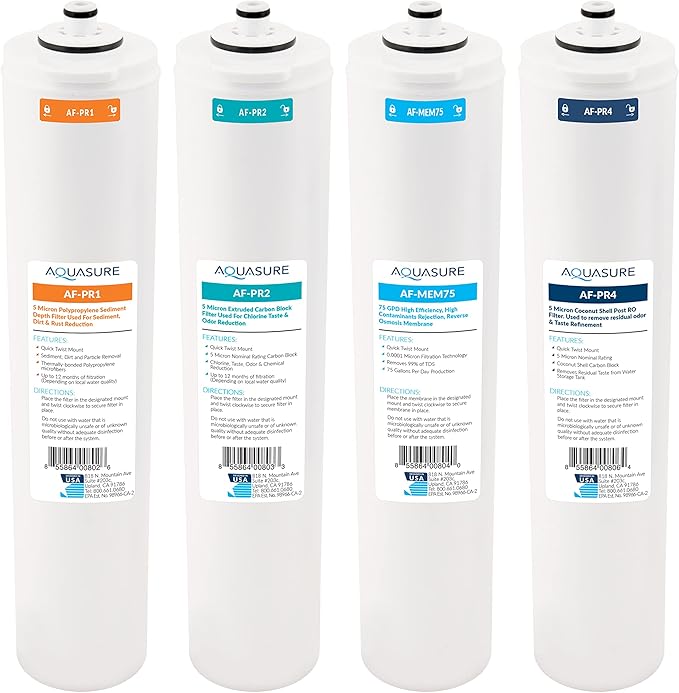 Aquasure Premier Series Complete 4-Stage Quick Twist Filter Replacement Cartridge Bundle Set AF-CP75 | Compatible with AS-PR75 4-Stage Under Sink Reverse Osmosis RO Water Filtration System