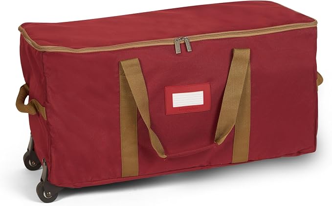 Covermates Keepsakes Rolling Treasurekeeper Storage Bag – Heavy-Duty Polyester with Dual Wheels & Handles – Protects Holiday Decorations with ID Window & Dual Zipper Access, Red