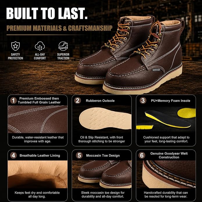 Work Boots for Men, 6" Leather Lightweight Comfort Moc Toe Steel Toe Puncture Resistant Wedge Safety Boots, Goodyear Welt, Industrial, Construction, Electrician, US 7-17