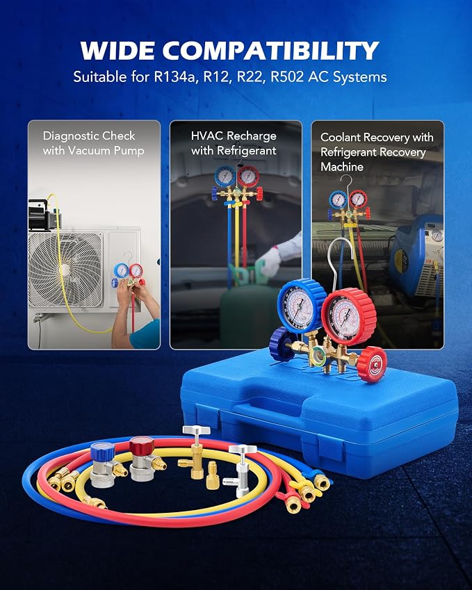 Orion Motor Tech AC Manifold Gauge Set for R134a R12 R502 Refrigerant & A2L Vacuum Pump, Bundle