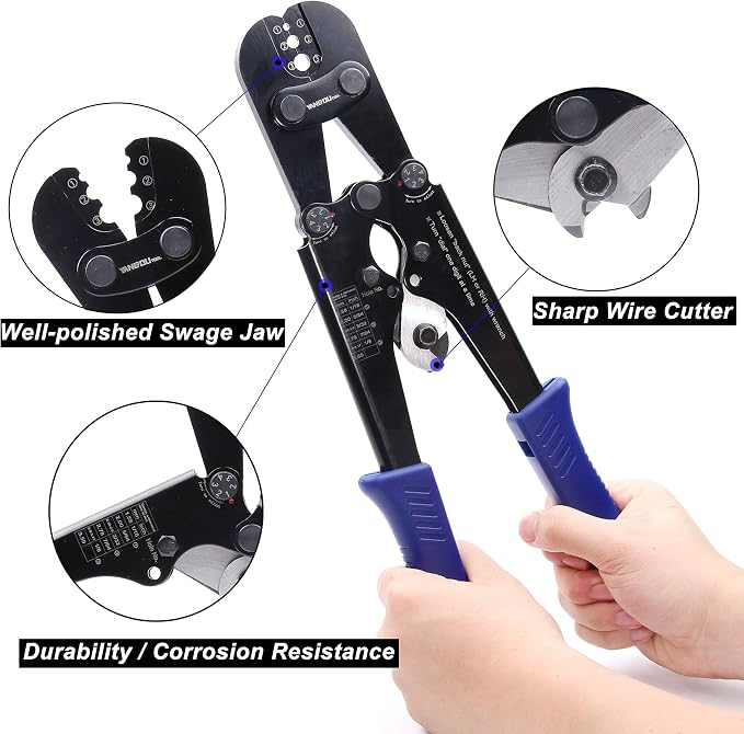Yangoutool Wire Rope Cutting and Crimping Tool Sheet Metal Crimper Swaging Tool for Aluminum Oval and Double Barrel Stop Ferrule Loop Sleeves 1/16 to 1/8 Inches Cable End Hanging Ring Fixing Plier
