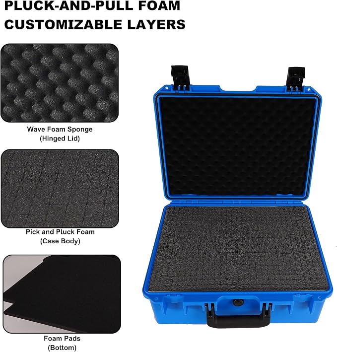 Waterproof Camera Hard Case, Shockproof & Dustproof with Custom Foam, Lockable Box for Drone, DSLR, Laptop, Tools 16.14"x13.19"x6.89" Blue