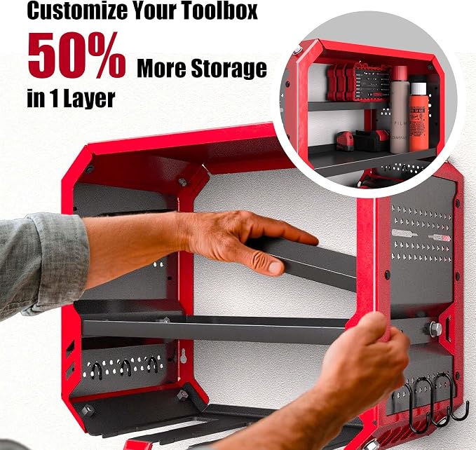 Christmas Gift for Men - End His Garage Clutter | Red Power Tool Organizer Wall Mount with Charging Station | All-in-One 3-Tier Heavy Duty Tool Rack with 420lb Capacity for Dad, Husband, DIYers