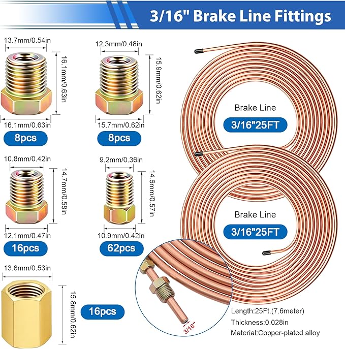 smseace 112Pack 3/16 Inch Brake Line Flaring Tool Kit Include 25 FT Copper-Plated Brake Line Kit with 94pcs Fittings,8pcs Union,Tubing Bender,Double & Single Flare Tool,Cutter