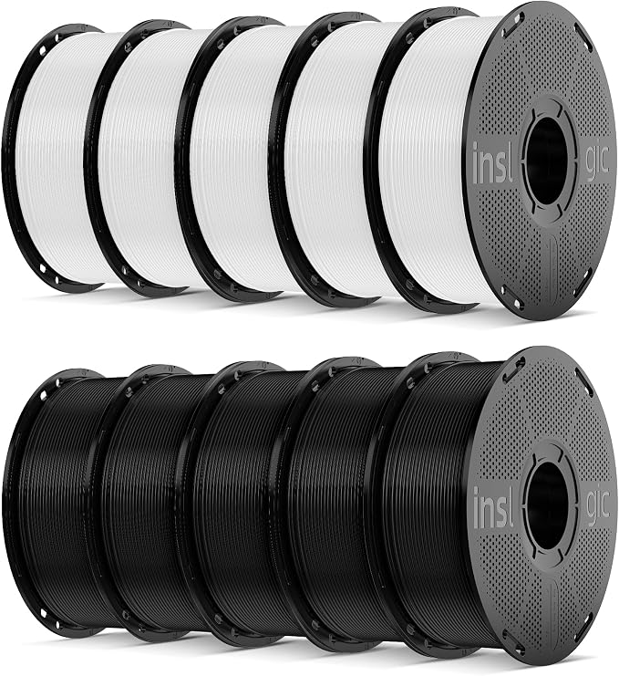 Inslogic Pre-Dried 10kg PLA Pro 3D Printer Filament Bundle, High-Speed Tough PLA Pro Filament 1.75mm ±0.02mm, Reusable Spool, 1KG×10, (5 Black+5 White)
