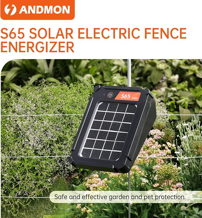 S65 0.065J Solar Electric Fence, 2 Miles Solar Fence Charger for Preventing Bears, Raccoons, Skunks Intruding, Solar Electric Fence Charger with Grounding Rod