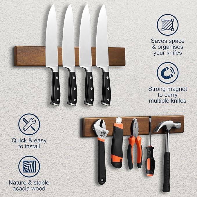 Knife Magnetic Strip 16 Inch + Japanese Santoku Knife 7 Inch, Acacia Wood Magnetic Knife Holder for Refrigerator, Wall Mount Magnet Knife Bar with 4 Hooks