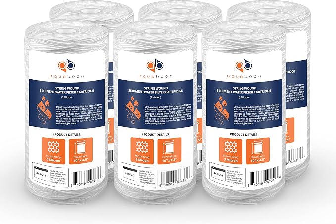 Aquaboon 5 Micron Water Filter 10 x 4.5 inch - String Wound Water Filter for Whole House System - Compatible with 84637, WPX5BB97P, PC10, 355214-45, 355215-45, WP10BB97P, WP5BB97P (6 Pack)