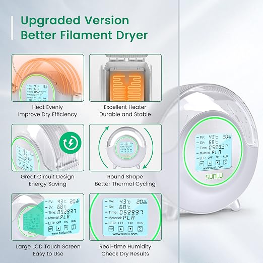 SUNLU Official Filament Dryer S2 Plus, 70℃ Max Temperature, Built-in Circulation Fan, 3D Printer Filament Storage Box Filament Dehydrator, Nylon TPU PLA PETG ABS 3D Printer Filament Dryer Box, White | 70℃ Max Temperature,Touchscreen Control,Filament St...