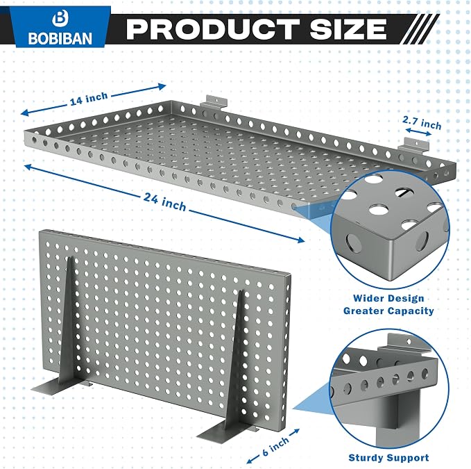 2 Pack Slatwall Shelves, Heavy Duty Grey Metal Slat Wall Shelf for Retail, Garage, Home Storage, 110 lbs Load Capacity, Universal Slatwall Accessories(14 x 24 Inch-2, Grey)