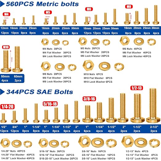 Taiss 904pcs Grade 8.8 Metric Bolt Assortment & SAE Nuts and Bolts Assortment Kit,M4 M5 M6 M8 M10 1/4-20,5/16-18,3/8-16 1/2-13(12-60mm) Heavy Duty Hex Bolt Washer Yellow Zinc Plated,with Handheld Box