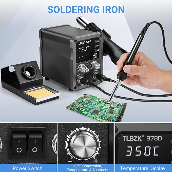 878D 2-in-1 Hot Air Soldering Iron Station Kit for Rework, Desoldering Pump, 5 Soldering Tips, 3 Hot Air Nozzles,Tweezers, IC extractor