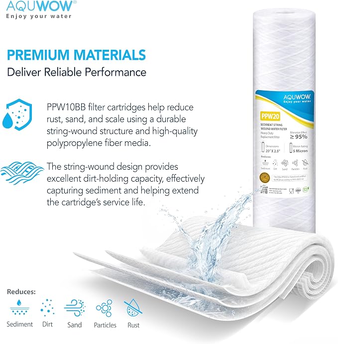 PPW20 5 Micron 2.5" x 20" String Wound Sediment Filter Set – Replacement Cartridges for Whole House & Under Sink Systems, Durable Depth Filtration (4, 20 x 2.5)