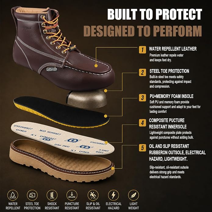 Work Boots for Men, 6" Leather Lightweight Comfort Moc Toe Steel Toe Puncture Resistant Wedge Safety Boots, Goodyear Welt, Industrial, Construction, Electrician, US 7-17