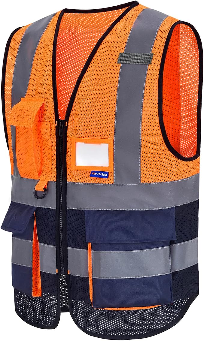 A-SAFETY Hi-Vis Mesh Vest, Reflective Strips, Front Zipper, Orange/Navy, M | Orange/Navy M mesh safety vest with transparent ID pocket, radio mic loop and reflective strips for warehouse logistics.