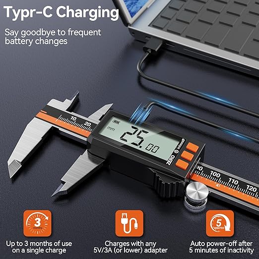 Preciva Digital Caliper 6", Rechargeable Stainless Steel Micrometer | Type-C charging, durable steel body, large LCD with auto-off saves power, in/mm/frac, for 3D-printing machining woodworking