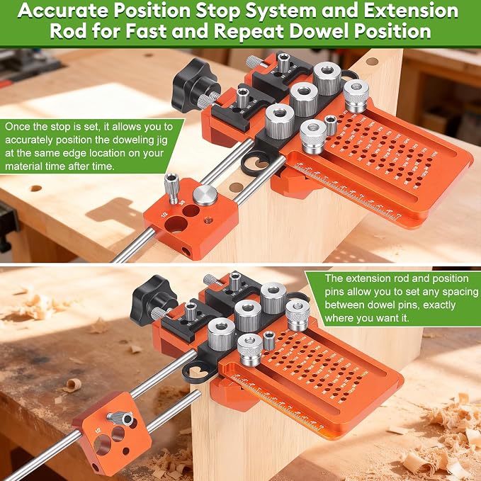 Adjustable Dowel Jig Kit, Drill Guide with Quick Positive Stop & Clamp – Fits 1/4, 3/8, 1/2 Inch Dowel Holes, Dowel Jig for Woodworking Fit All Kinds Wood Dowel Joints, for Cabinet, Furniture