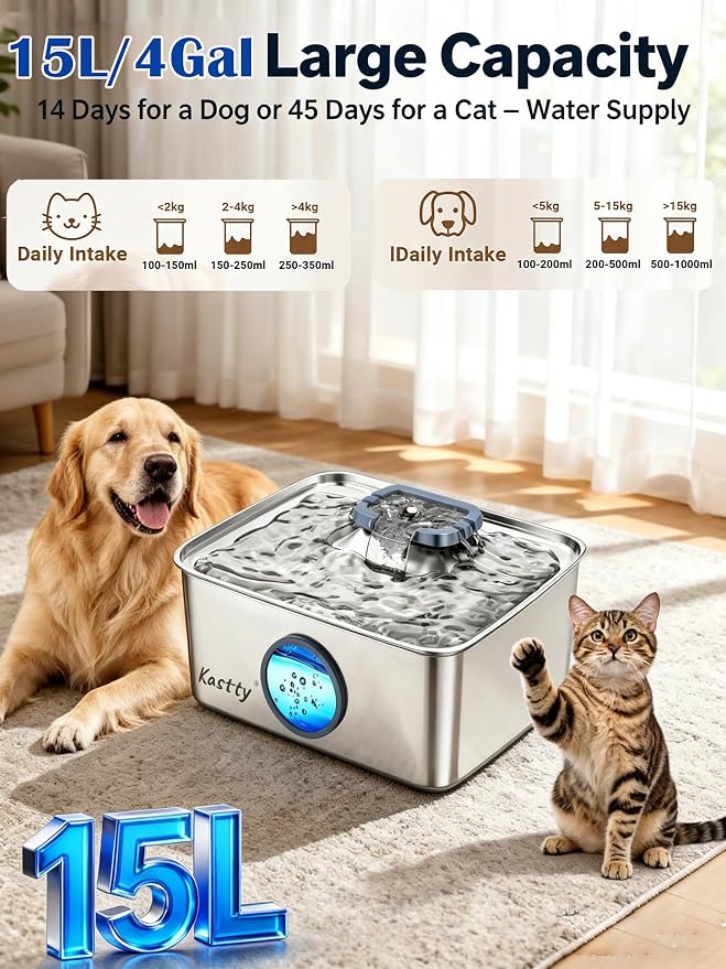 Kastty 15L/4 Gal Dog Water Fountain, Stainless Steel Large Pet Water Fountain with Water Level LED Light, Quiet Automatic Dog Water Bowl Dispenser for Dogs Inside Easy Cleaning FS79