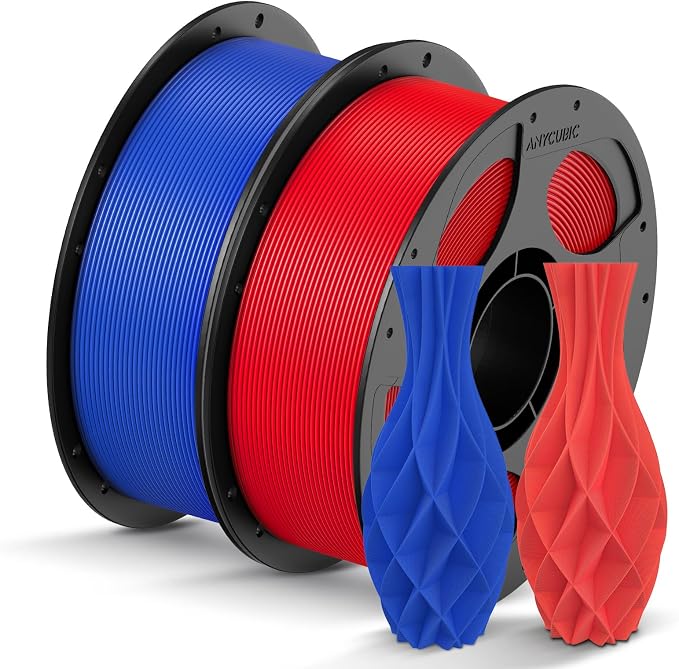 ANYCUBIC PLA Filament 1.75mm Bundle, 3D Printing PLA Filament 1.75mm Dimensional Accuracy +/- 0.02mm, 1KG Reusable Spool (2.2 lbs), 2KG Blue + Red