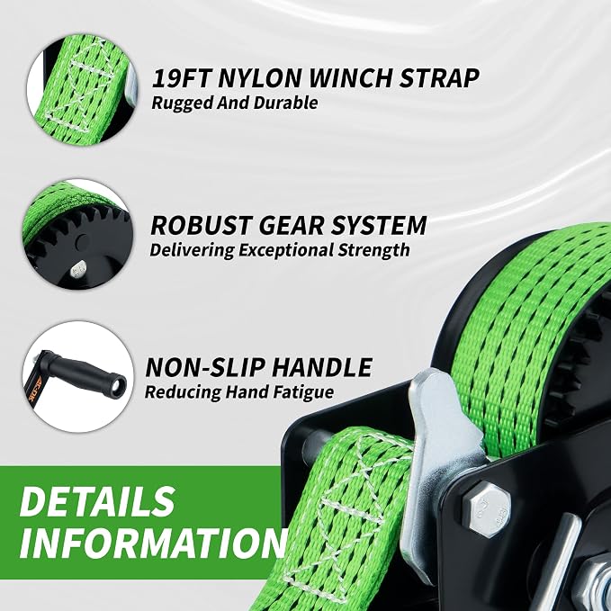 600lbs Heavy Duty Boat Trailer Winch with 19FT Strap, 2-Way Ratchet & 3.2:1 Gear Trailer Winch, Portable Hand Crank Winch for Boat, Truck, Trailer, RV, ATV, Jet Ski