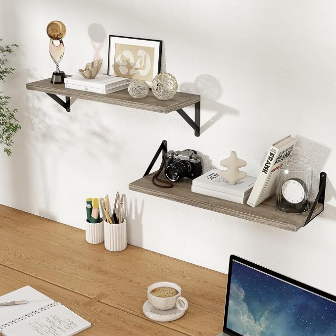 Floating Shelves 8 Inch Deep, 24W x 8D Wall Shelf Set of 2, 50 lbs Heavy Duty Reversible Metal Brackets, Industrial Book Shelf for Living Room Kitchen Bathroom Bedroom Gallery Wall, Grey