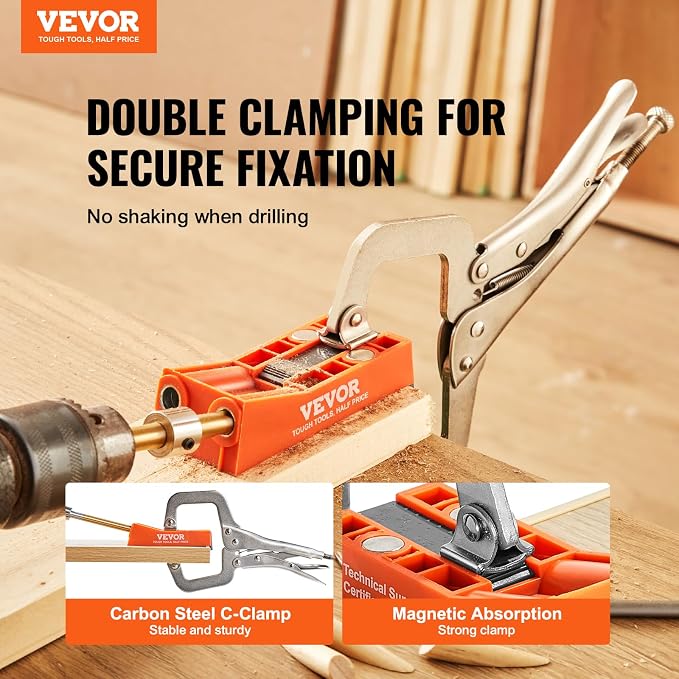 VEVOR Pocket Hole Jig, 56 Pcs Mini Jig Pocket Hole System with 9" C-clamp, Step Drill, Wrench, Drill Stop Ring, Square Drive Bit, and Screws, for DIY Carpentry Projects