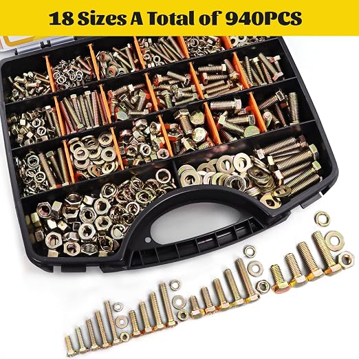 940PCS Metric Bolt and Nut Assortment Kit, M4-0.7, M5-0.8, M6-1.0, M8-1.25 Heavy Duty Hex Bolts Nuts Washers Assorted Kit, Grade 8.8 Alloy Steel Yellow Zinc Plated