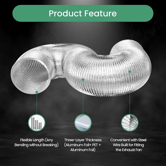 Flexible 4-Inch Aluminum Ducting, Dryer Vent Hose, Heavy-Duty Three-Layer Protection, 25-Feet Long for Heating Cooling Ventilation & Exhaust, Silver