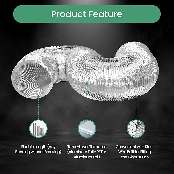 Flexible 6-Inch Aluminum Ducting, Dryer Vent Hose, Heavy-Duty Three-Layer Protection, 25-Feet Long for Heating Cooling Ventilation & Exhaust, Silver