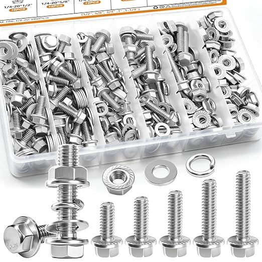 mankk 260PCS Flange Head Bolts Assortment Kit 1/4-20 x (1/2",5/8",3/4",1",1-1/4") 304 Stainless Steel SAE Flange Hexagon Screws and Serrated Flange Nuts Kit