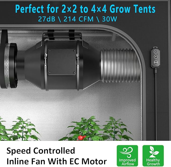 Toolazy 4 Inch Inline Duct Fan, 214 CFM Quiet EC Motor Ventilation Fan with 10-Speed PWM Controller, Ultra Low Noise 27dB Mixed-Flow Exhaust Fan for Grow Tent Hydroponics HVAC Cooling Bathroom