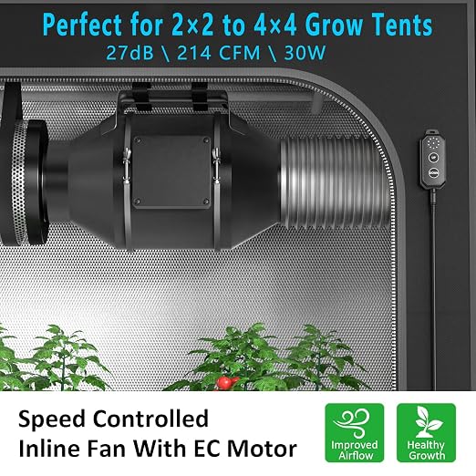 Toolazy 4 Inch Inline Duct Fan 214 CFM, Vent Booster Exhaust Fan with 0-100% Variable Speed Controller, EC Motor 27 dBA Quiet Ventilation Fan for Grow Tent, HVAC, Basement, Bathroom, Crawl Space
