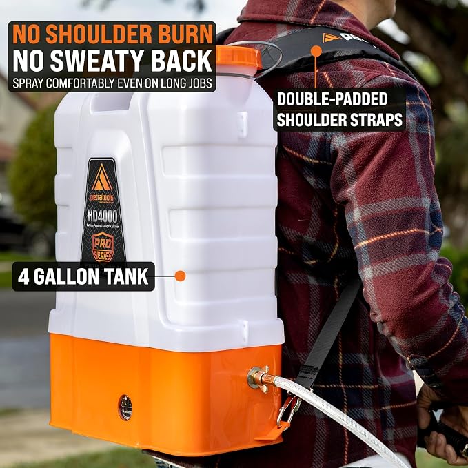 PetraTools Battery Powered Backpack Sprayer 4 Gallon - 8 Hours Long Battery Life & Padded Straps for Comfort - HD4000 Electric Backpack Garden Sprayer with 9 Spray Nozzles (HD4000 Pro Series)