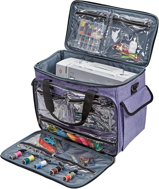 HOMEST Sewing Machine Rolling Case with Wheels and Storage Pockets | Fits Singer and Brother machines, rolling wheels and storage pockets help carry sewing accessories, Purple