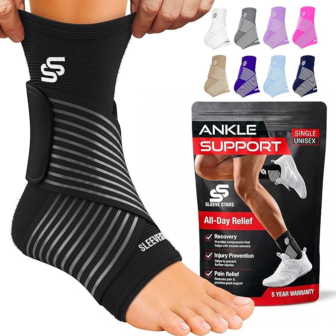 Sleeve Stars Ankle Brace for Women & Men, Ankle Wrap for Sprained Ankle, Compression Sleeve for Plantar Fasciitis Relief, Easy Customizable Support: w/Removable Strap (Single/S:9"-10"/Black)