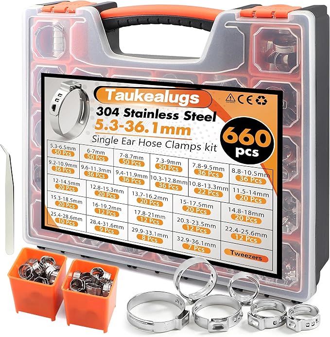 660 26 Sizes Pcs Single Ear Hose Clamps Kit,304 Stainless Steel 5.3-36.1mm Stepless Constant Tension Clamps for Fuel Line, Coolant Hose, PEX Plumbing, Irrigation & DIY