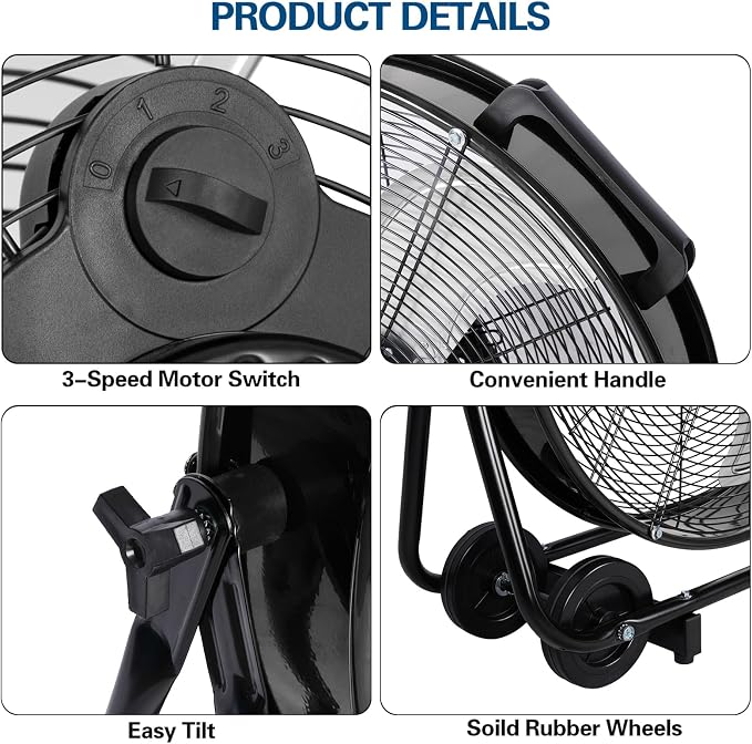 BILT HARD 24" 8100 CFM High Velocity Industrial Drum Fan, 3 Speed Heavy Duty Tilt Metal Shop Fan, Ideal for Garage, Warehouse Factory and Commercial Use, Black