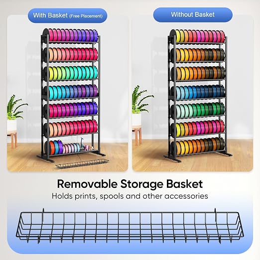3D Printer Filament Storage Rack with Removable Basket, 7-Tier Heavy Duty Metal Spool Organizer Holds 84 Spools, Large Capacity Shelf for 3D Printing Station, Workshop, Office & Studio